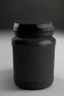 Placeholder: black container, plastic, realism, with screw lid, no labels, round container, view from the front, protein powder, dark studio setting