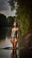 Placeholder: beautiful anorexic woman, full body shot, short grey triathlon swimsuit, medium length wavy bob haircut, photographed at the river