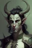 Placeholder: Demonio hombre de piel blanca y cabello marron hermoso con cuernos pequeños y armadura negra y verde