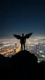 Placeholder: A man with wings standing on the top of a mountain looking at the city at night , dark