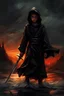 Placeholder: A formidable warrior-a 10-year-old boy in a black robe with a hood, on the background Amazing gloomy landscape, flooded with sunset, mountains, trees, fabulous scary hero, , juicy emotions, painting, dark fantasy, bad weather, gloomy day, dark world, by Raymond Swanland & Alyssa Monks & Anna Razumovskaya