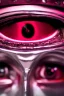 Placeholder: Extreme close-up of the eyes of a robot, soulless, gleaming metallic pink to metallic red, cyberpunk technopunk AbstractTech, rectangular