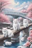 Placeholder: in the center: beautiful chunky white cats playing on a bridge with grey mice, under the brigde flows a small blue river; background: landscape, first plan: pink flowers: white clouds in shape of cats, season: winter and snowfall