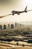 Placeholder: make a plane flying over a city throwing some sahara dust