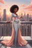 Placeholder: The scene opens onto a serene balcony overlooking a bustling city skyline. The sky above is painted in soft hues of gray and peach as the sun begins its descent, casting a warm glow over everything it touches. In the foreground stands a captivating figure, airbrush chibi cartoon curvy black woman exuding confidence and elegance. She is adorned in a flowing white knit maxi dress that hugs her curves in all the right places, accentuating her silhouette. Her choice of footwear is equally stunning