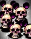 Placeholder: a picture of a dark, comedic, take on the deaths on the dangerous 50's show The Mickey Mouse Club, pluto's skull, minnie's skull, goofy's skull on dispaly, anatomically correct wall of tightly packed stacked skulls of varying sizes and expressions, all wearing mickey mouse ears, battle damaged, photo realistic, insanely meticulous, highly detailed, part of a collection of bones on display, dystopian, anatomically correct, war trophies, memorabilia,