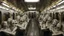 Placeholder: interior of a subway carriage full with a crowd of laughing marble statues; gloomy, weird, eerie, odd, unsettling, dramatic