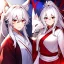 Placeholder: Clear focus, 8k, beautiful lighting, vibrant colors, fox girl, white hair, long hair, vibrant red eyes, ponytail, messy hair, hair in between the eyes, miko,