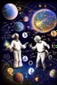 Placeholder: Albert Einstein and Richard Feynman playing with numbers & atoms in outerspace with planets, cosmic gas, stars, moons, and comets dancing around them