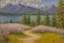 Placeholder: Mountains, lake, flowers, pathway, pine trees, clouds, otto pippel impressionism painting