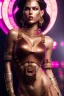 Placeholder: Beautiful perfect Portrait bronze skin, red to pink cyberpunk android bare muscular midriff BlackFuturism full body shot, full-color long shot skin-tight ornate black filigree sheer bikini armor and silver leather miniskirt with thigh-high slit positive space detailed hyperdetailed insane masterpiece picture of the day