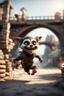 Placeholder: pen outline, gremlin alien badger sheriff sprinting and jumping over barrels under the bridge ruin ,bokeh like f/0.8, tilt-shift lens 8k, high detail, smooth render, down-light, unreal engine, prize winning