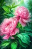 Placeholder: Watercolor pink peony bush, many leaves, ultra-detailed plant, summer, sun, evening, rain, beautiful landscape, fog, many details, subtle sensuality, realism, high quality, 3d, work of art, hyperdetalization, professionally, filigree, misty haze, hyperrealism, professionally, transparency, delicate pastel tones, backlight. The contrast is fantastic, unreal, translucent, luminous, clear lines