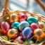 Placeholder: digital photograph of modern basket colorful Easter eggs. eggs display in azure, emerald, blush,red, crimson,gold, sapphire,metallic cinematic HDR backlighting highlights subtle dimples and glossy reflections, with shallow depth of field softening the sunlit background. hyperrealistic 8k resolution,