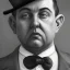 Placeholder: A 1930s Italian-American businessman in his 20s with a bowler hat and a tattered suit. He is obese and has a sad expression on his face. He is facing the screen.