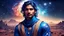 Placeholder: handsome Indian man, bright, light hair, blue and galactic clothes, space and starry indian landscape
