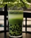 Placeholder: filling the frame we are looking into a tank filled with matcha green bubble tea, dark tapioca pearls along the bottom against the glass, ice floating at top, no fish, no outside of tank