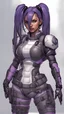 Placeholder: Young cyberpunk female with soft tan features and extremely long black and dark purple hair in full puffy pigtails with black, grey, white, and purple coloration body armor in a realistic style full body view