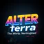 Placeholder: create a nice cool logo for my account IN 3D "ALTER",AND "TERRA" under it a little to right ,this texts plane must be 30 degree to the logo plane.and this 3d texts smaller font "The World Never Existed" ,"Reality ,Reimagined",add 3d background, future modern city and future modern industry ,3d text,vibrant metallic colors .1:1 ratio.
