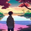 Placeholder: In the anime, a young male character is near the green lake in the sunset afternoon.