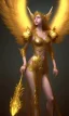 Placeholder: Female angel with big wings and golden crown floating above the ground in the dark, michelangelo style, detailed, world of warcraft style