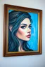 Placeholder: A beautiful young women painted with an abstract blue painting,in side a large picture frame