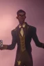 Placeholder: Dashing black man in a suit, holding a deck of cards. There's a young fey dragon with him.