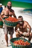 Placeholder: close up shot photography of two tired strong muscular beefy hairy burly 39 years old ugly turkish carpenters, short beard, shaved hair, shirtless, manly chest, bulging white shorts, tired eyes, walking on the beach in the sun holding tomatoes baskets, big shoulders, side light, sweat and wet, ground view angle