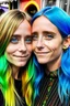 Placeholder: ((Mary-Kate and Ashley Olsen a warm hug)),charming Smile, **Galactic Rainbow Hair:** Hair reflecting the vivid colors of a rainbow alongside the cosmic allure of stars, creating a mesmerizing, multicolored effect