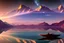 Placeholder: Lake reflection, distant exoplanet in the horizon, boat, mountains, sci-fi