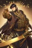 Placeholder: A handsome 30 year old man, black hair, male bob haircut, in black-and-gold plate armor, golden katana in both hands, no beard