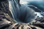 Placeholder: Majestic waterfall plunging into a deep, unseen abyss. Lush greenery covers the cliffs, with rocky outcroppings jutting into the churning water at the base. The scene evokes a sense of awe and mystery.