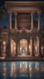 Placeholder: Hyper realistic detailed Outside historical indian palace with glass work on pillars with beautiful carpet & water fountain at night