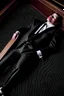 Placeholder: a man in black suit, red neck tie, white shirt, black pants, black shoe sleeping in a coffin, over view