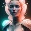 Placeholder: cyberpunk, head, women, portrai, tron sketch of a girl on lined paperA beautiful one nude body of a make up smiling woman blond long hair, alone, high key lighting, volumetric light high details with white stripes and blue eye, smiling with plump pink lips, flowers around, unreal engine petit prince belle fine, profil de trois quart, grand front cosmique, peau bleu cristalline, yeux bleu, perle sur le front long cheveux blond et rose etoilé, cristaux sur le corps, collier de grande princesse, l