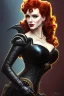 Placeholder: painting of christina hendricks as evil queen in black leather, feminie, angry, strong, volouptous, busty, cleavage, emperious, mature, highly detailed, digital painting, artstation, concept art, smooth, sharp focus, illustration, art by gaston bussiere and alphonse mucha