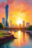 Placeholder: Amazing colorful sunset, buildings, lake, city, rocks, park, coast, cyberpunk, sci-fi, realistic vision, and claude monet impressionism paintings