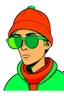 Placeholder: A yung caucasian shaved man with huge black sun glasses wearing a green winter hat, and a red t-shirt. Cartoon style.