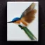 Placeholder: tiny oil painting of tiny kingfisher, plain white background, solid white background, tiny white canvas, tiny white frame, plain white wall, melancholy, tender, moody, vintage, delicate arrangement, beautiful composition, etsy, aesthetic layout, plain solid white background