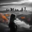 Placeholder: Masterpiece double exposure of a girl silhouette with cityscape apocalypse aftermath in monochrome and a colorful natural landscape in the underlying backdrop, sharp contrast of both scene, detailed crisp lines, in focus, double exposure, by Skyrn99, high quality, high detail, high resolution