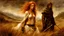 Placeholder: Hyper-photorealistic watercolor art style by Luis Royo , ginger-haired woman with natural skin tones, hyperdetailed face, full body diagonal shot, encounters male bandits in dark fantasy countryside setting, absence of mysterious elements, dramatic lighting, ultrafine detail, octane rendering., by