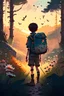 Placeholder: a boy with a camping backpack wandering in the distance through a forest with numerous and tall trees, irregular ground covered with ocasional spots of wild flowers, rocks and little animals, at sunset, lateral view