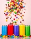 Placeholder: An image of several colored soda cans side by side at the bottom of the image, with M&M chocolates pouring out of them, and the space is filled with color, chocolate chips, and fruit pieces in a soda-like atmosphere with happy, beautiful colors.