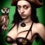 Placeholder: hyper realistic, cute girl, short black air, green eyes, with owl tatoo, dressed a steampunk pirate, bra with carved leather, Tintoretto ships in background. salvador dalì style. high details, meteor shower. 4k, unreal engine Upscale PRO hyper realistic, young small cute girl, short black air, green eyes, with owl tatoo, dressed a steampunk pirate, bra with carved leather, Tintoretto ships in background. salvador dalì style. high details, meteor shower. 4k, unreal engine