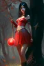 Placeholder: A young dark-haired witch in a red low-cut short skirt, standing under a tree, with a sword on her hip, glowing ball in her hand, photorealistic, delicate detail.