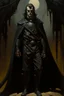 Placeholder: 1970's dark fantasy cover dnd style oil painting of a hero with black outfit with minimalist far perspective. Magazine.