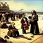 Placeholder: Ludwig van Beethoven, Johannes Brahms, Wolfgang Amadeus Mozart, Antonin Dubzek and Johann Sebastian Bach stand on the boardwalk on the beach in San Francisco and play violins in front of children, men and women who sit on the floor and listen to them,