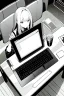 Placeholder: hacker girl use a laptop above a table in a cafe, line arts, greyscale