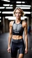 Placeholder: photography of a beautiful anorexic woman, grey satin triathlon top, sports illustrated, blond short wavy bob haircut, pronounced sternum, flat chest, anthracite cycling leggins