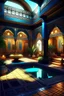 Placeholder: Arabic Islamic house with Arabic ornaments, bar light, creative,Arabic calligraphy, arabesques, highly detailed, pool, hyper realistic, beautiful garden, colourful courtyard, colorés